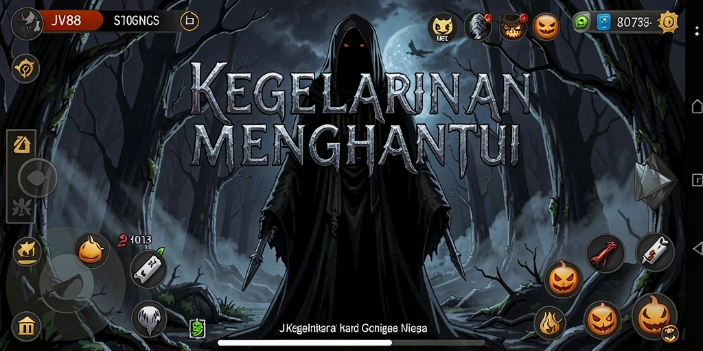 Tangkapan layar gameplay JV88 menampilkan suasana seram di kegelapan.