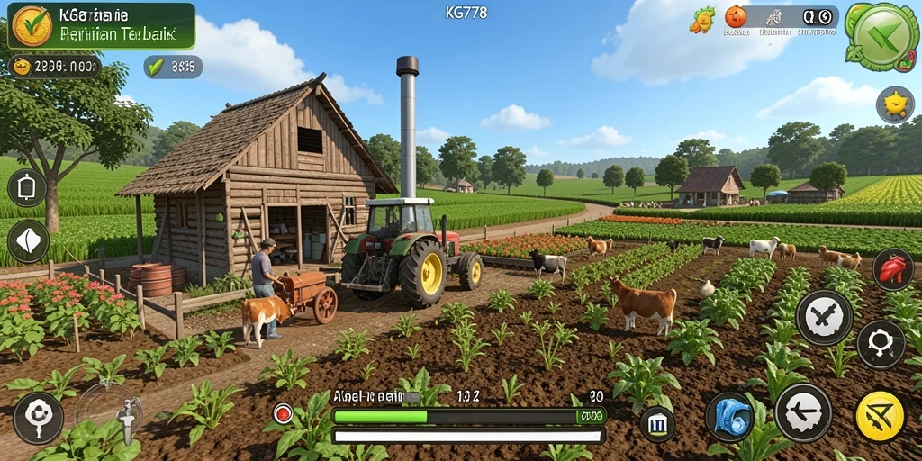 Tampilan gameplay KG778 menunjukkan kebun yang indah dan aktivitas bertani.