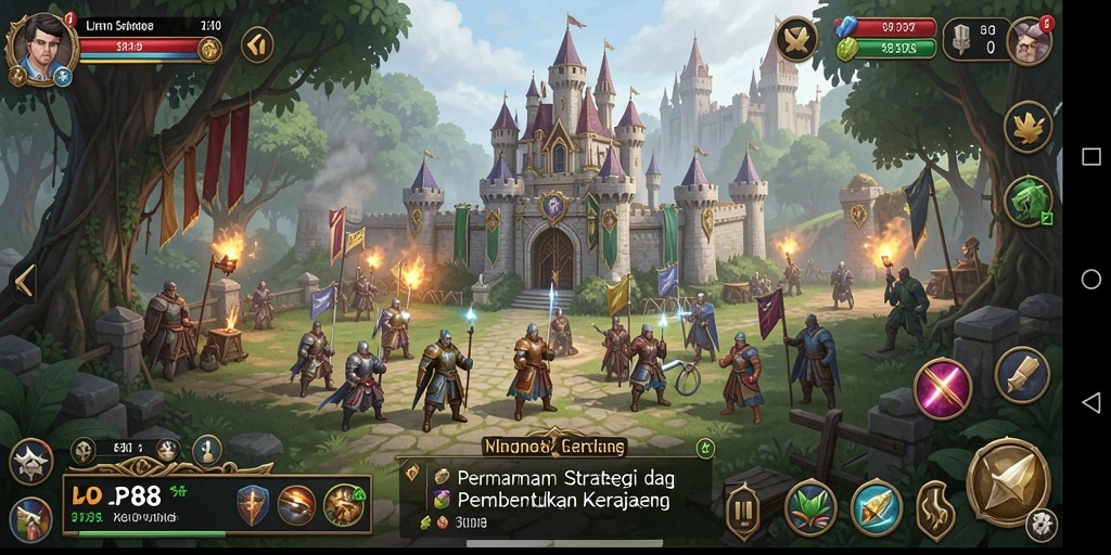 Gameplay menantang dengan pembangun dan strategi kerajaan terlihat.