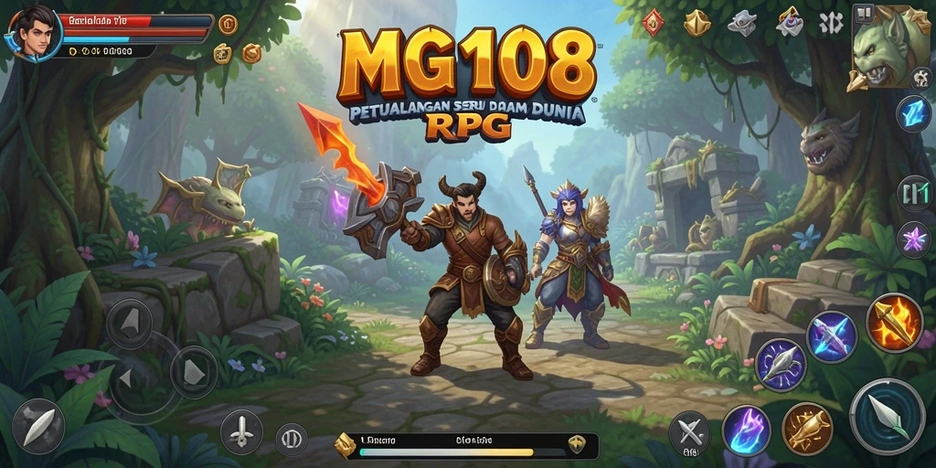 Gameplay RPG MG108 yang penuh warna dengan pertarungan seru.