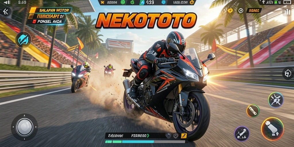 Gameplay seru di <strong>NEKOTOTO</strong> yang menunjukkan balapan motor yang mendebarkan.