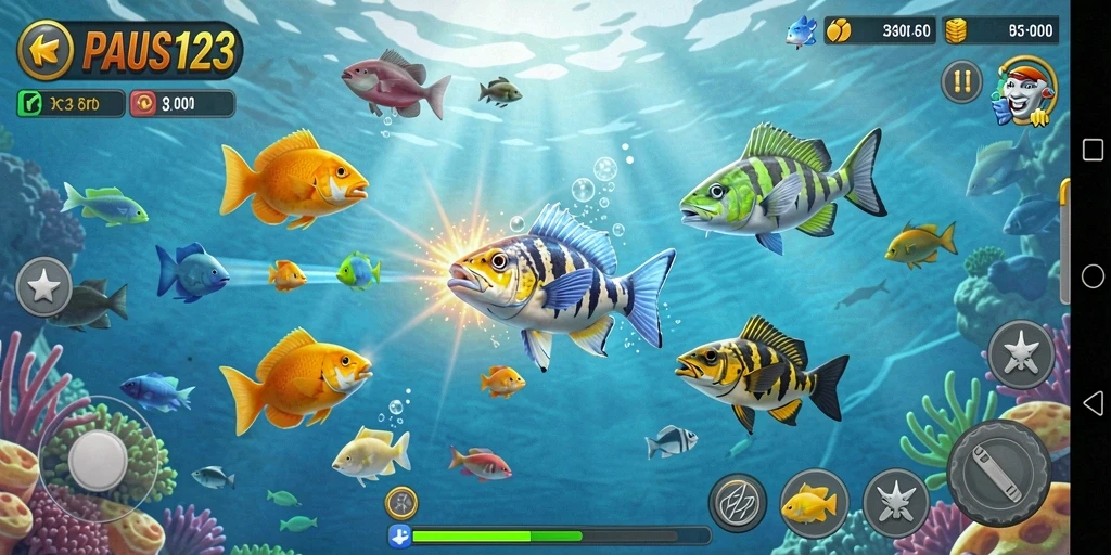 Screenshot gameplay PAUS123 yang menunjukkan aksi menembak ikan.
