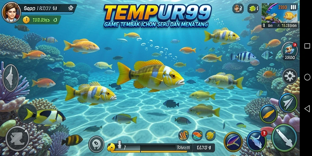 Tampilan gameplay TEMPUR99 dengan aksi menembak ikan yang intens.